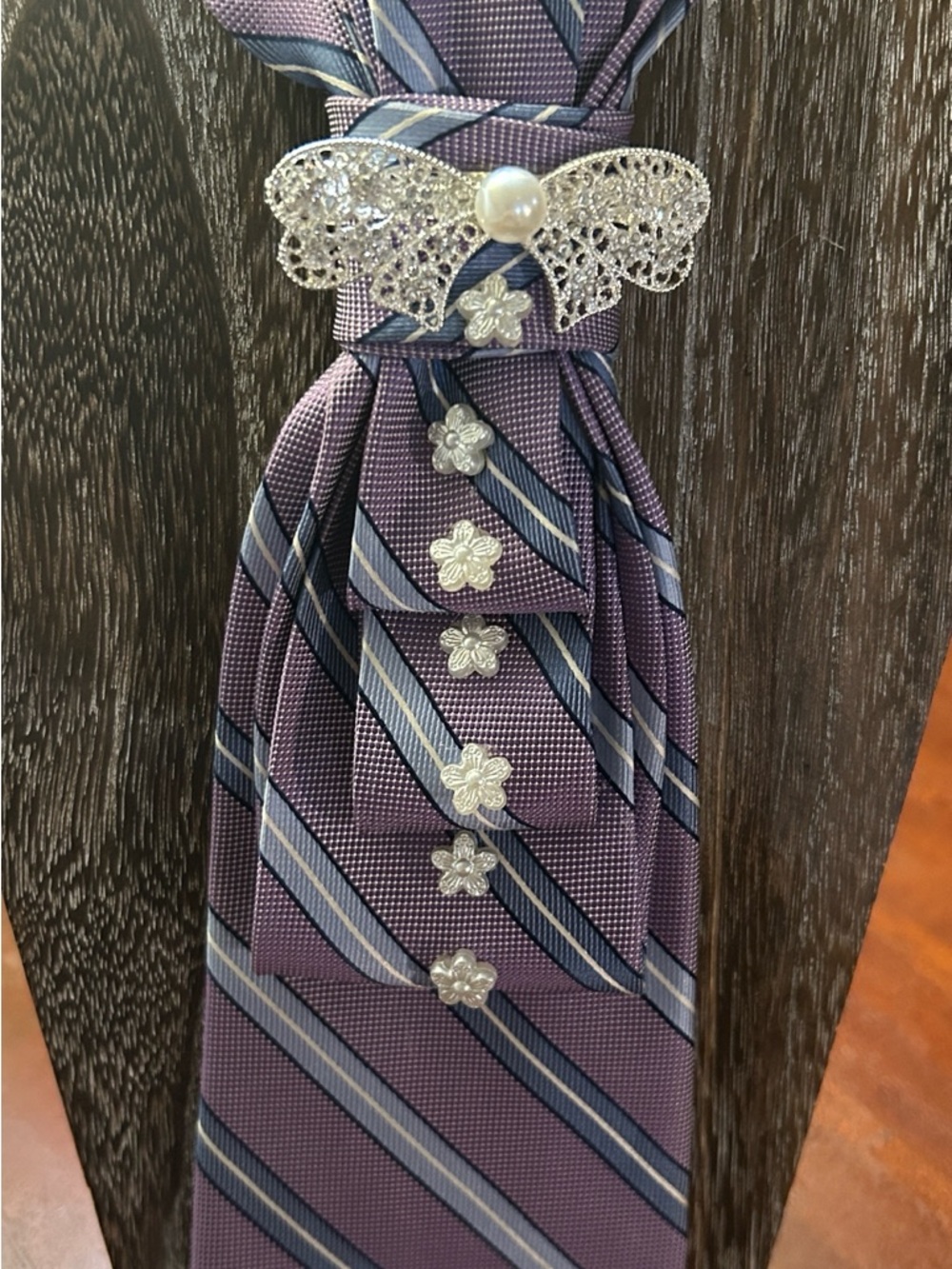 Purple Striped Tie with Silver Floral Accents